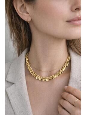 Gold Tone Fringe Link Necklace Statement Chain Textured Vintage Style 16"